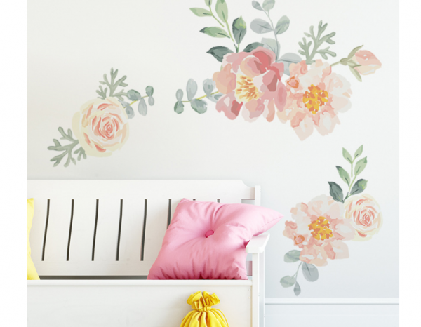 Girly Heart Pink Watercolor Plant Flowers Baby Room Dormitory Bedroom Decoration Wall Stickers