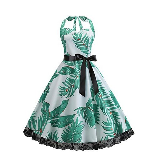 Women swing dress chic tropical leaves, lace printing