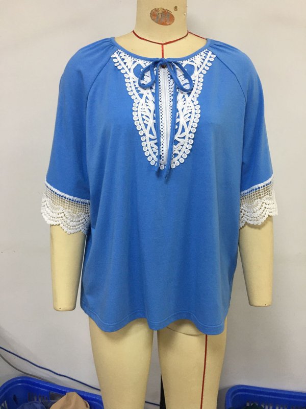 Ethnic Wind Tie Collar Lace Stitching Loose Short Sleeve