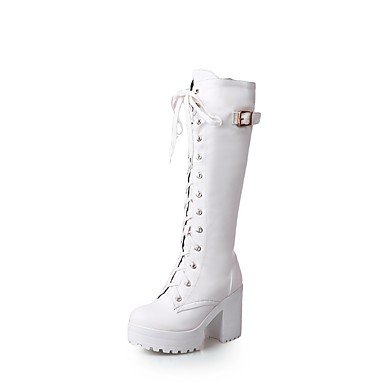 Women autumn and winter boots with chunky boots knee high boots round buckle white