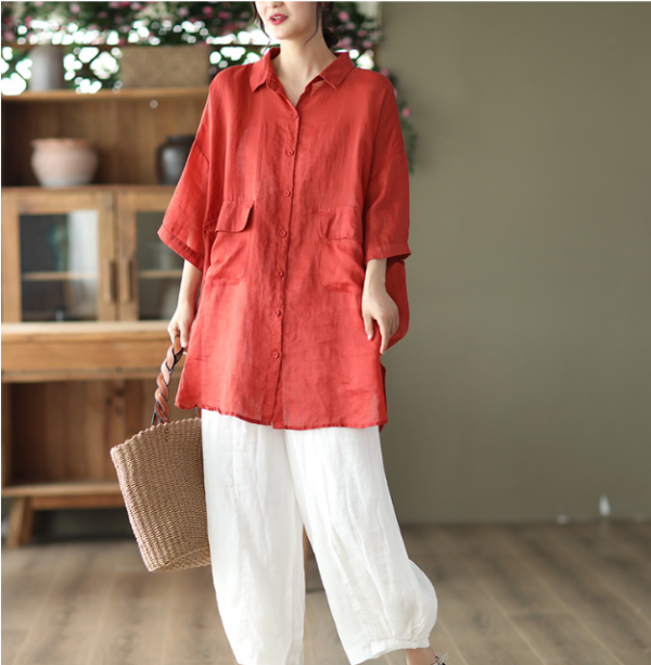 Retro Ramie Shirt Mid-length Elegant Top