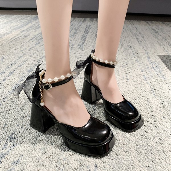 Women's Fashion Pearl Chain French Thick Heel High Heels