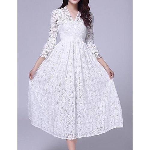 Vintage Women Lace White Dress Ladies Solid Colored Lace Mesh A Line Dresses With Sleeve