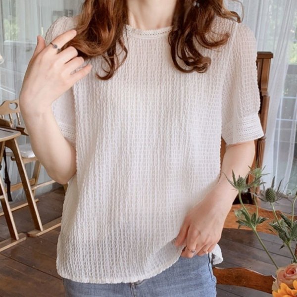 Women's Puff Sleeve Chiffon Short Sleeve Loose Western Style Shirt