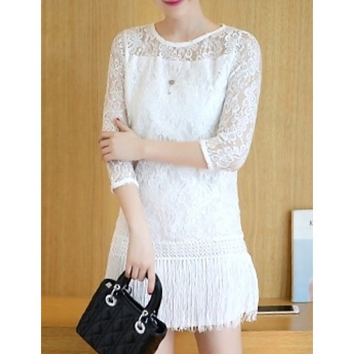 Women Daily Elegant Dress, Solid Colored Geometric Lace High Waist White