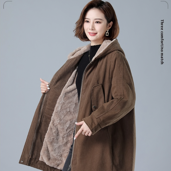 Fleece-lined Thick Hooded Parka Mid-length Long Sleeve Zipper