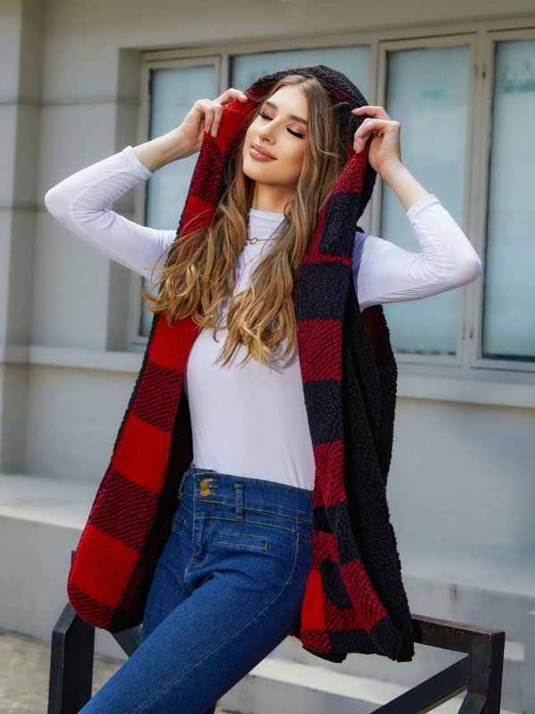 Cardigan Plaid Plush Vest Coat For Women