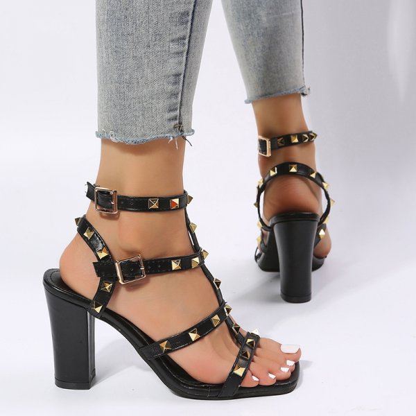 Rivet Sandals Women Buckle Strap Square-toe High Heels Shoes Gladiator