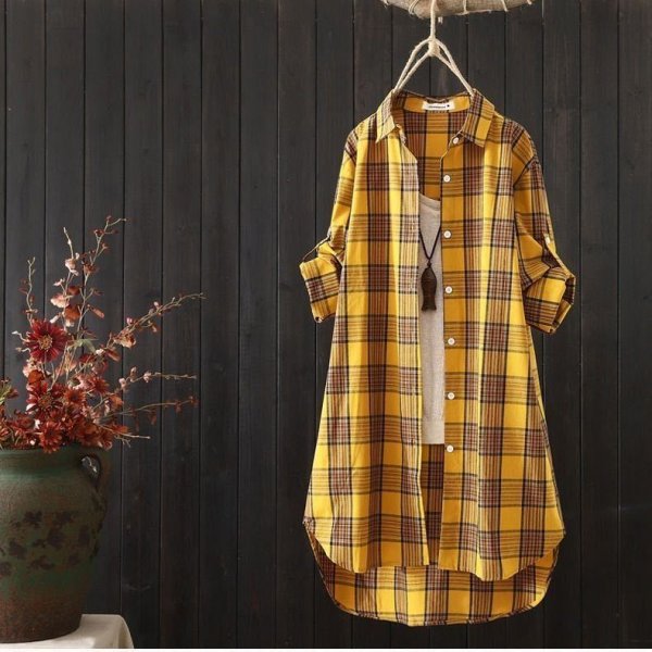 Women's Mid-length Loose Long Sleeve Top Plaid Shirt