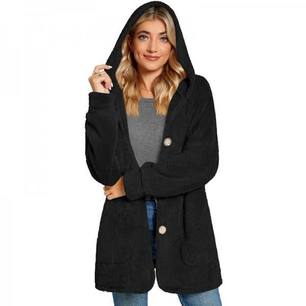 European And American Plush Hooded Button Pocket Cardigan Casual Coat