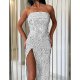 Women Vintage Sophisticated Trumpet, Mermaid Dress, Solid Colored Sequins Split White