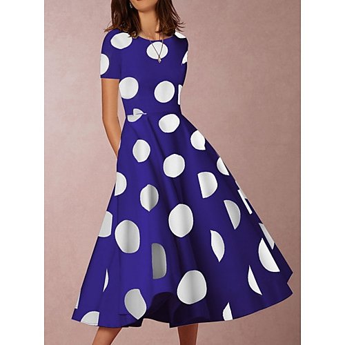 Women Vintage Elegant A-Line Swing Dress, Dot Print