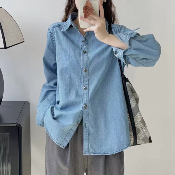 Blue Denim Shirt Jacket Women's Small Long-sleeved Top