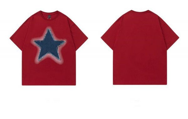 American Retro Denim Patch Star Short Sleeved T-shirt For Men And Women