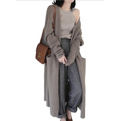 Daily female long-sleeved solid color long loose coat, V-neck