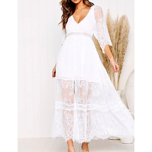 Women Holiday Going out Maxi Swing Dress, Solid Colored White, Lace V Neck White