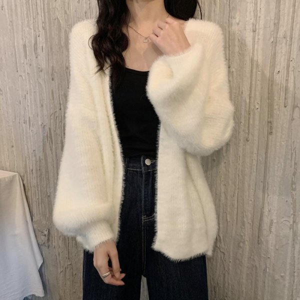 Spring And Autumn Mink-like Wool White Knitted Fabric Cardigan For Women