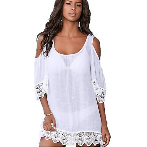 Women Elegant Mini Shift Dress, Solid Colored Lace Fashion Off Shoulder Deep U White