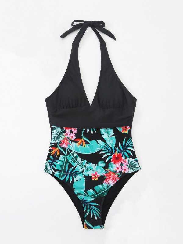 Multicolor Printing Deep V Big Chest Halter Backless One Piece Swimsuit