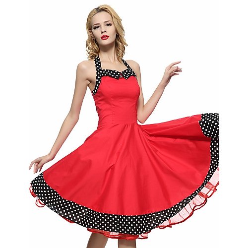 Women Lace Party Retro A-Line Dress with Solid Color Dotted Backless