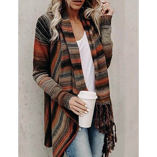 Women daily chic tassels, fringe striped long-sleeved cardigan