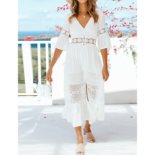 Women Going out Beach Boho Maxi Slim Chiffon Dress, Solid Colored Lace V Neck