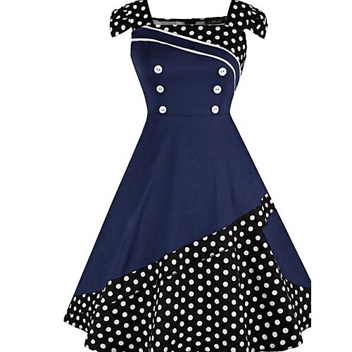 Women elegant dress polka dot dress, dot print U-neck