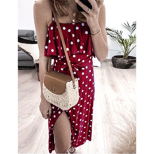 Female chiffon dress, polka dot drawstring