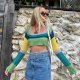 Women's Fashion Colorblock Square Collar Cropped Long Sleeves Knitwear Top