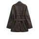 Women's Leopard Print Lapel Closing Belt Long Sleeve Coat