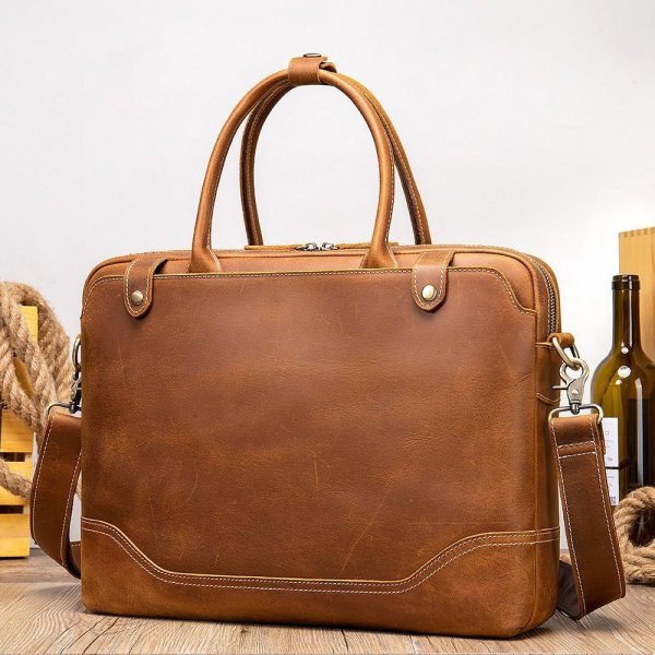 Crazy Horse Leather Men's Briefcase New Handbag