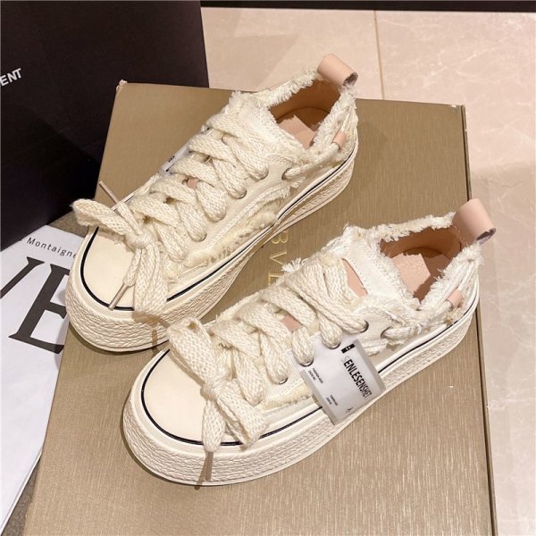 Women's High-rise Lace-up Woven Canvas White Shoes