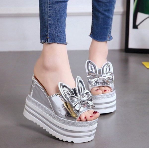 Slope high heel sandals increased rabbit ears waterproof platform muffin thick bottom fish mouth slippers women