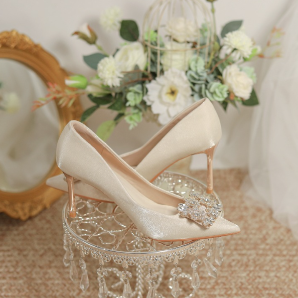 Wedding Dress Two-way Wear Pointed-toe Stiletto Bride Shallow Mouth Pumps Women High Heels