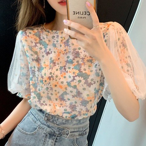 Short-sleeved Beaded Mesh Loose Puff Sleeve Chiffon Top