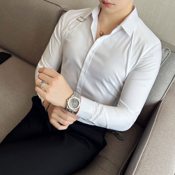 Men's Slim-fit Smooth Fabric Strap Buckle Long-sleeved Shirt