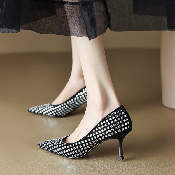 Black Rhinestone French Sheepskin Pointed Fine Heel Small High Heels