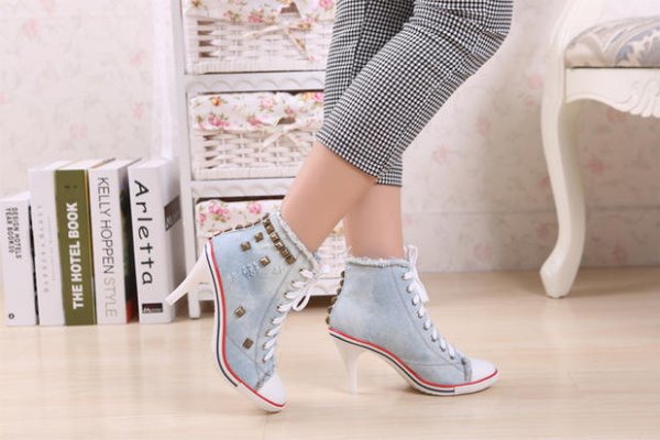 Round Toe Women's Shoes Denim High Heels