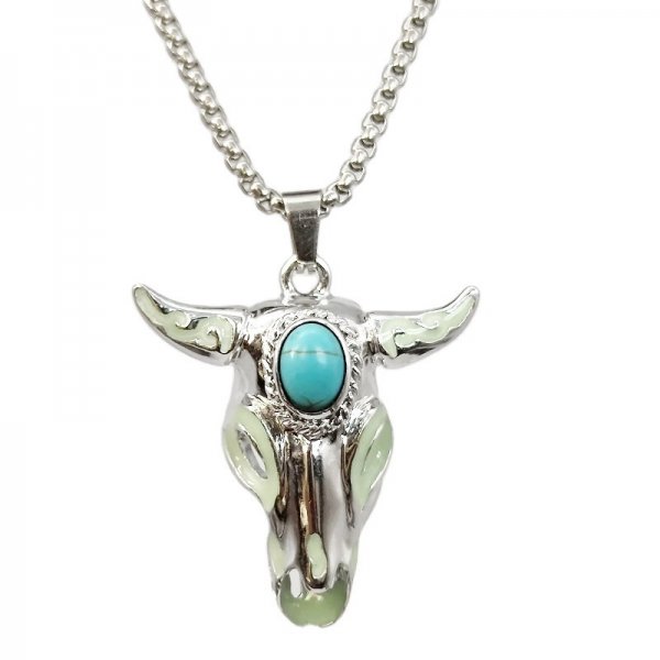 Punk Fashion Turquoise Skull Bull Head Stainless Steel Pendant Necklace