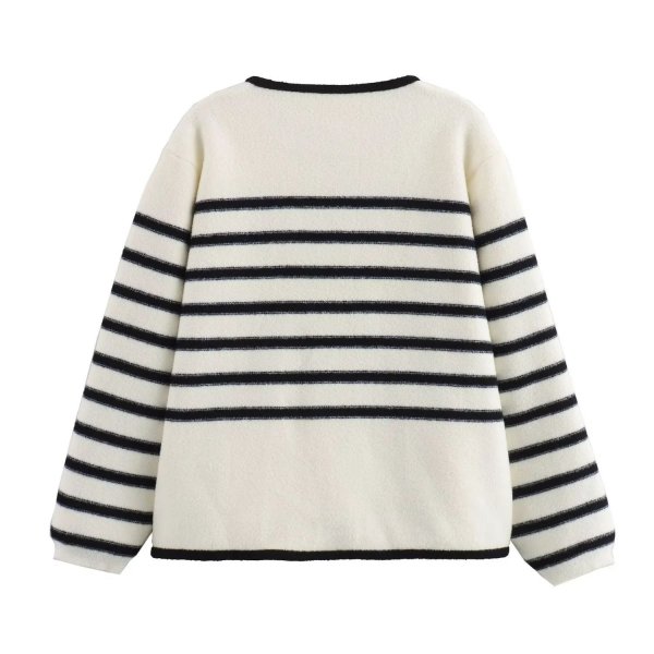 Women's Simple Black And White Horizontal Stripes Knitted Cardigan Jacket