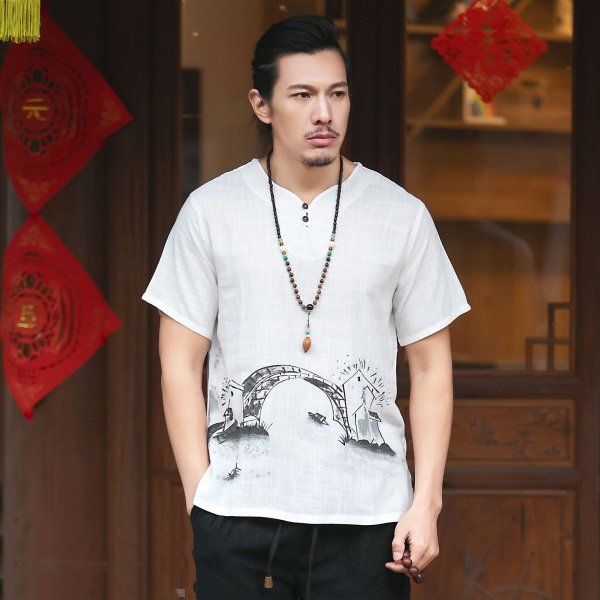 Ethnic Style Men's Cotton And Linen V-neck Short Sleeve T-shirt Men