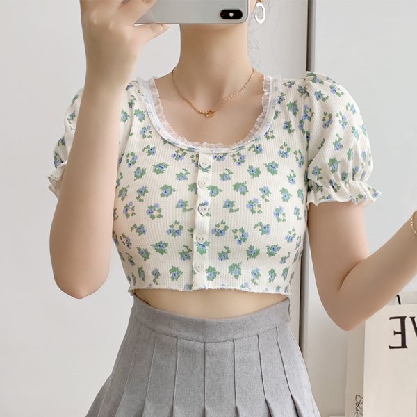 Retro Short Floral Puff Sleeve T-shirt Women