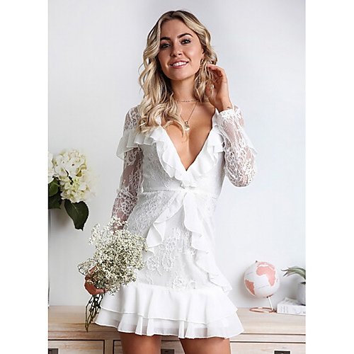 Women Elegant A Line Dress, Solid Colored Lace White