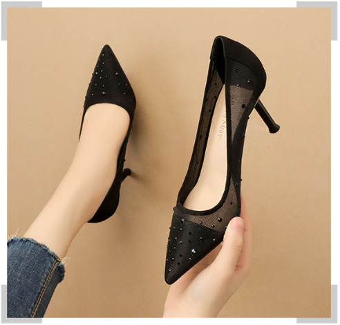 Korean Fashion Pointed Toe Rhinestone High Heels Mesh Stiletto Heel