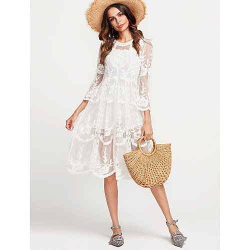 Women Lace Party Shift Dress, Solid Color White, Artistic Style Lace White