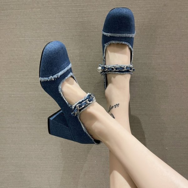 Denim Pearl Square Toe High Heels Women's Middle Heel Shoes