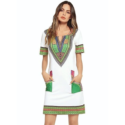 Women Daily Basic Dress, Geometric High Waist, White,