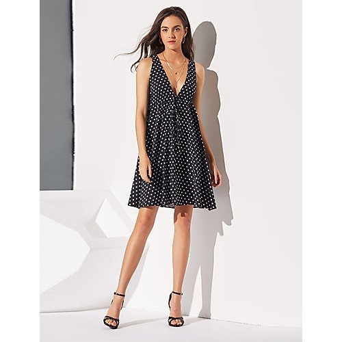 Women Basic A-Line Dress, Dotted Backless Bow Pleated