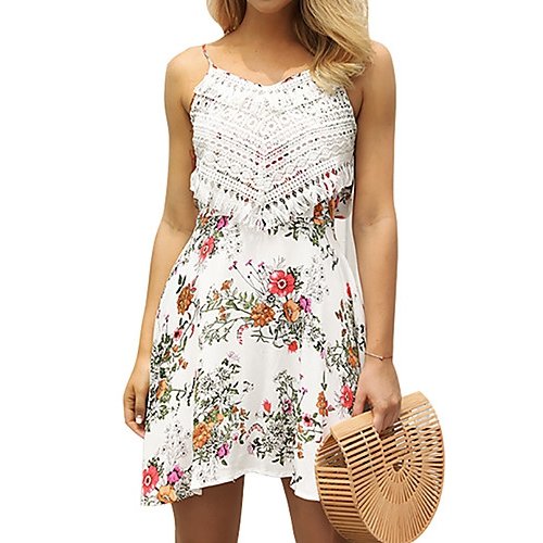 Women Flare Sleeve Holiday Beach Simple Boho Slim Dress, Geometric Print V Neck White