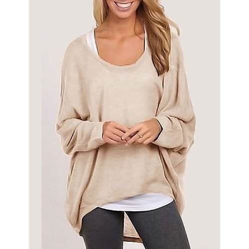 Women solid color long-sleeved loose coat out, round neck, cotton